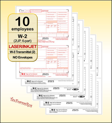 2025 IRS Tax Form W-2 Wage Stmts LASER for 10 employees +(2) W-3 #TF5650, NO Env