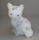 Fenton White Satin Glass Hand Painted & Signed Sitting Cat Floral Figurine