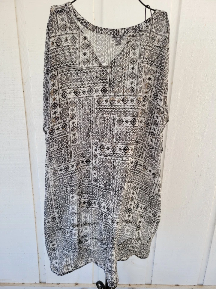 J Jill Size 4X Tunic Top Black White Blouse BOHO Aztec Sheer Chiffon Shirt - Image 3 of 4