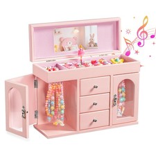 Musical Jewelry Box for Girls, Large Wooden Kids Organizer with pink