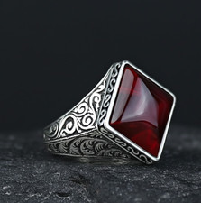 925 Solid Silver Engraved Ruby Stone Ring Square Ruby Red Stone Ring