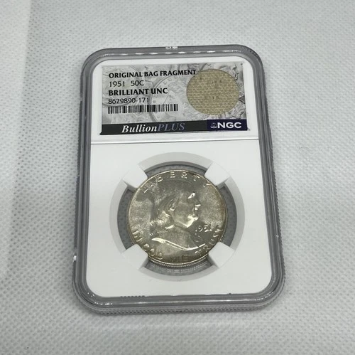 1951 Franklin .9 Silver Half Dollar NGC BU (BRILLIANT UNC) ORIGINAL BAG FRAGMENT