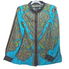 Bob Mackie Wearable Art Paisley Button Down Blouse Turquoise Blue Green Sz L