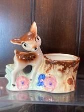 MCM VTG 50’s Deer Fawn Ceramic Planter Pottery Tree Stump Succulent Pot