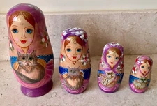 Matryoshka Russian Nesting Dolls, Woman Holding Cat, 4 Pieces - 5.5"