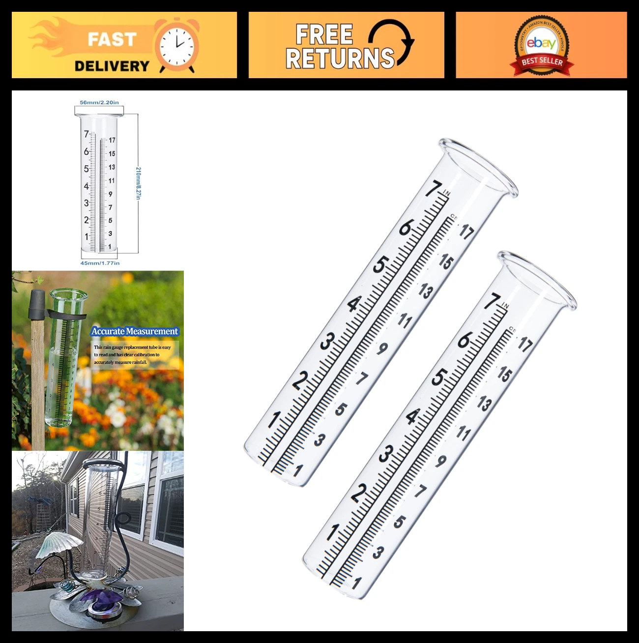 7" Rain Gauge Glass Replacement Tube with Lid - Outdoor Garden Yard Home (2 Pack