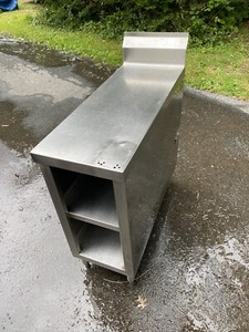 Used Custom Made Stainless Steel Filler Table Cabinet With Backsplash 15” X 39”