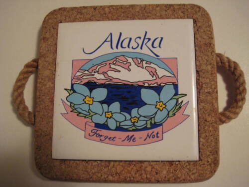 Original ALASKA Forget Me Not Ceramic Tile 4.5X4.5" in a 5.5X5.5" Trivet & Rope - Picture 1 of 1