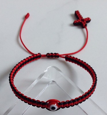 Red & Black String Bracelet, Red evil eye,good luck charm With Cross Woven End.