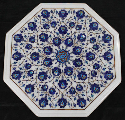 18'' Marble Table Top Lapis Inlay Pietra dura  Work Home Decor And Garden