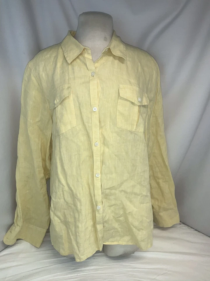 L.L. Bean Button Shirt XL Women Yellow 100% Linen 2 Pocket India Mint YGI RE2305 - Image 2 of 4