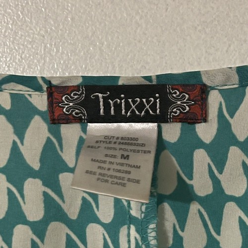 TRIXXI Women Pullover V-Neck Tunic Teal White Print Batwing Sleeves Size Medium - Picture 3 of 5
