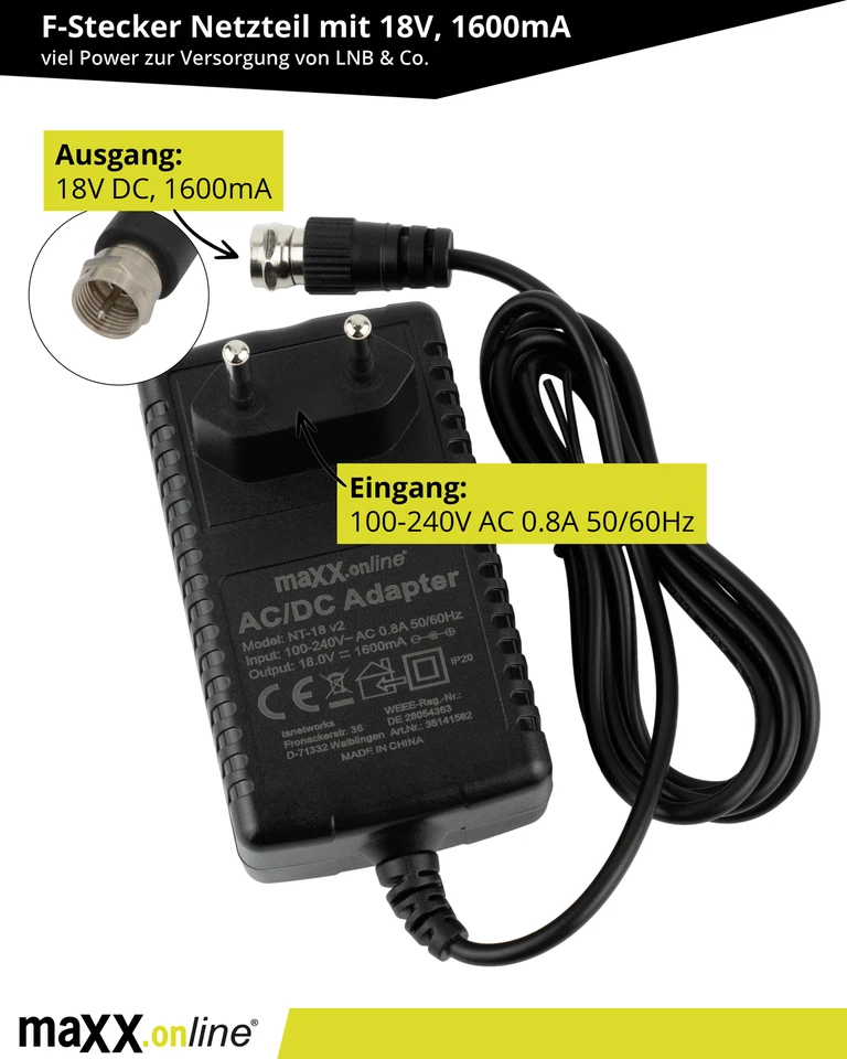 Netzteil 18V 1600mA mit F-Stecker, Universal Netzteil Sat/unicable Multischalter - Bild 2 von 4