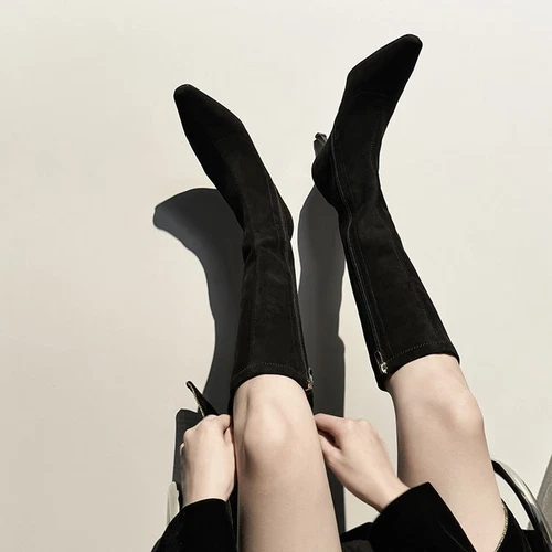 Womens Suede Square Toe Kitten Heel Stretched Knee Length Boots Chic Shoes - Bild 5 von 17