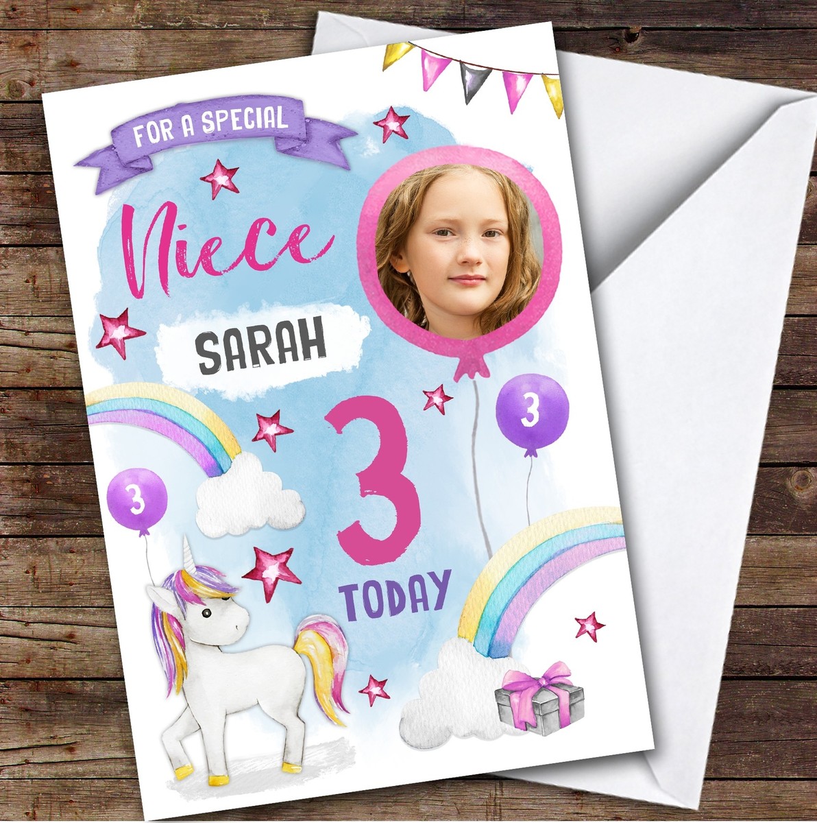 Girl's Unicorn Photo Niece 3rd Birthday Personalised Birthday Card