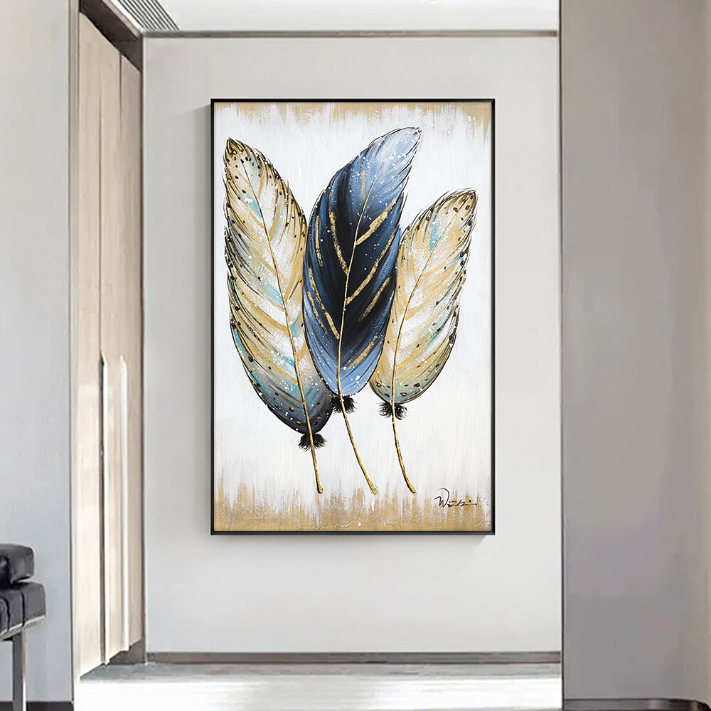 Pintura abstracta de plumas hecha a mano de arte de pared moderno para sala de estar sin marco