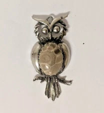 Vintage Large Petoskey Stone Silvertone Owl Pendant 2.75" Tall
