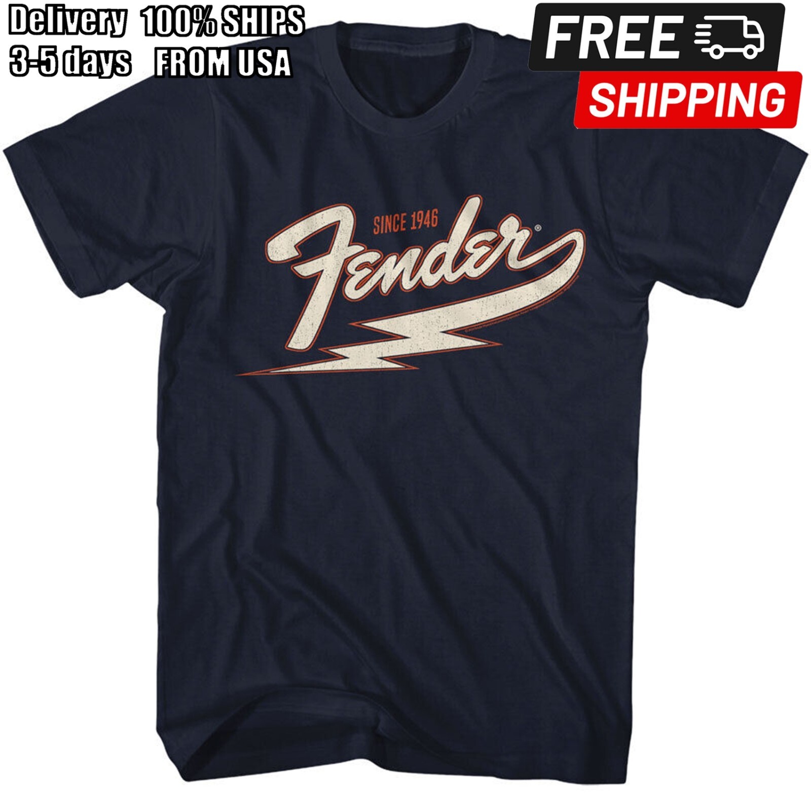 Fender Guitar T-Shirt 1946 LIGHTING BOLT Official Logo New Navy Cotton