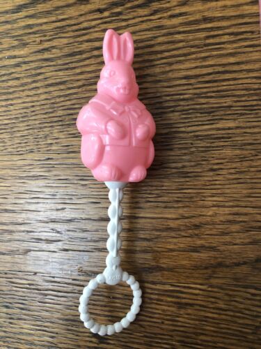 Vintage Hard Plastic Pink And White Baby Rattle Bunny Rabbit Made In USA - Picture 1 of 12