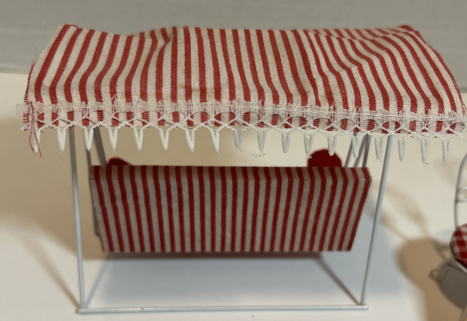 Dollhouse Patio Set Striped Swing Canopy Chair White Metal Mid Century & Table