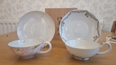 Set aus zwei exquisiten Kyoto Geschirr Teetassen. Handgefertigtes Unikat.