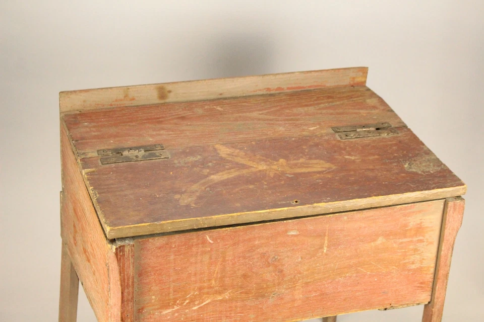= Antique 18th c. Primitive Raised Pine Chest / Bible Box Salmon Painted - Image 2 of 4
