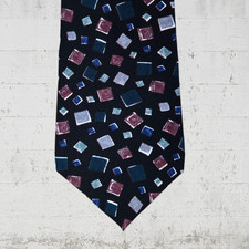 1990s Vintage Navy Square Geometric Pattern 100 Italian Silk Neck Tie 3.75 x 57