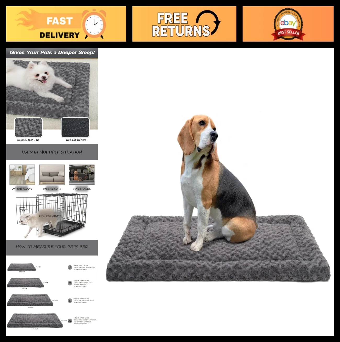 Ultra Soft Washable Dog Bed Mat - Comfy Fluffy Pet Crate Pad for Large & Small D