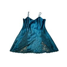 Vintage Victoria's Secret Teal Satin Lace Slip Dress Mini Chemise Size M