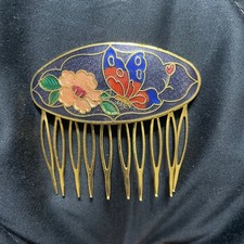 Vintage Enamel Butterfly Flower Hair Comb Gold Tone Decorative Hair Accessory
