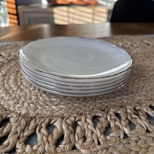 5 Anchor Hocking White Milk Glass Salad Plates Silver Trim Vintage MCM 7.25”