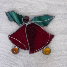 Vintage Stained Glass Christmas Ornament Red Bells Green Holly Sun Catcher