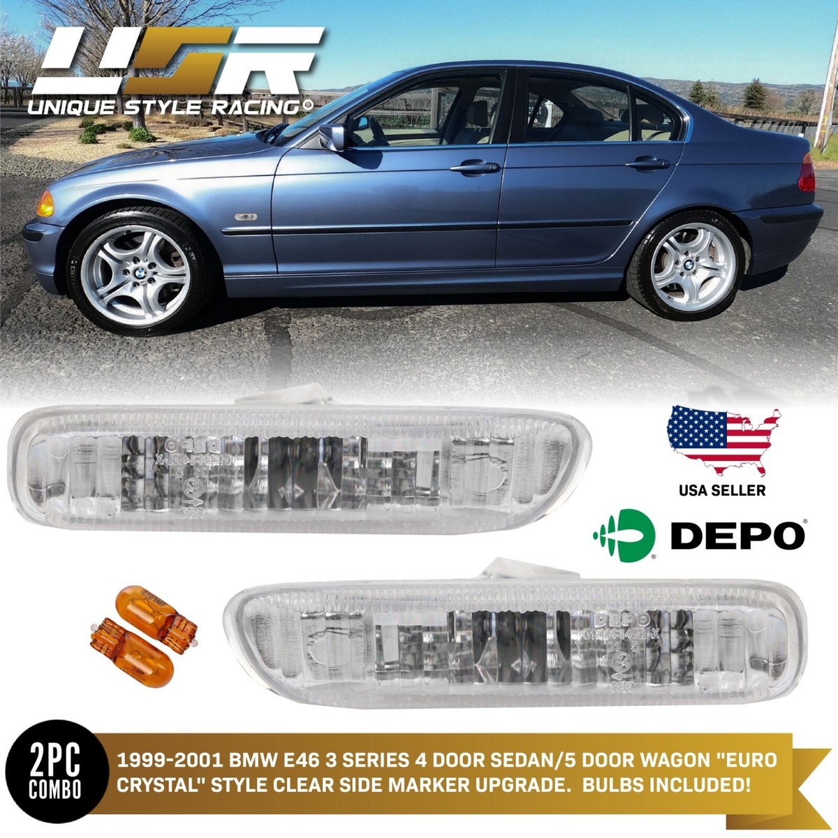 DEPO Euro Clear Side Marker Light For 00-03 BMW E46 3 Series