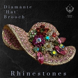 Authentic Charming Diamante 'Hat' Brooch Adorned In Crystal Flowers Gold Plated Metal LOOK