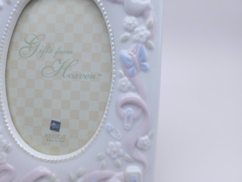 Russ Baby's Christening Picture Frame Gift Ceramic Girl Pink White Cross Roses - Picture 6 of 8