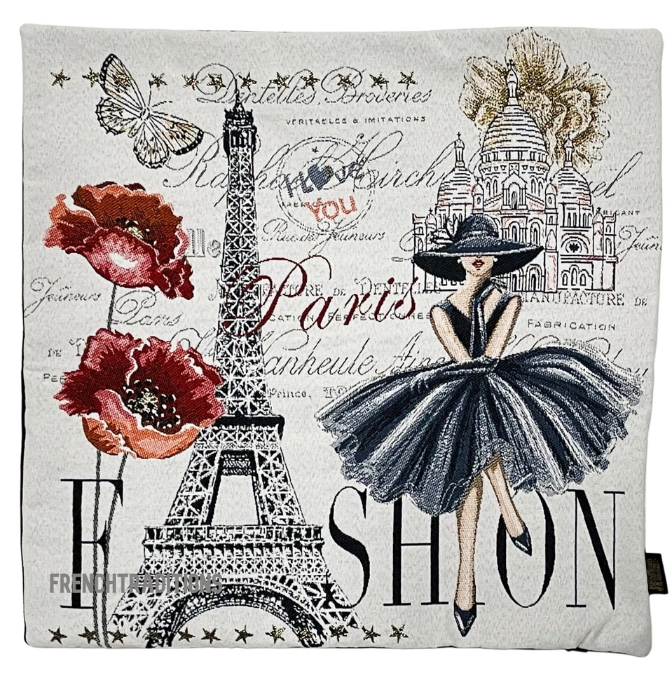 Funda de Almohada Francesa Hecha a Mano, Amapolas y Moda París 16 X 16 Hecha en Francia Foto 2 de 4