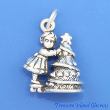 Girl Decorating Christmas Tree 3D 925 Solid Sterling Silver Charm MADE IN USA