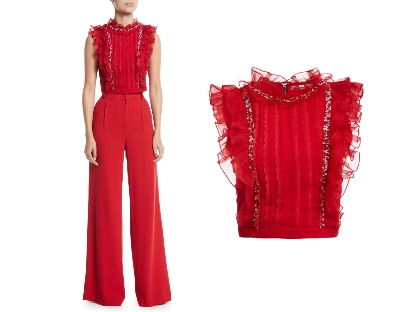 Alice + Olivia Gwen Red Ruffle Crystal Embellished Top, Size