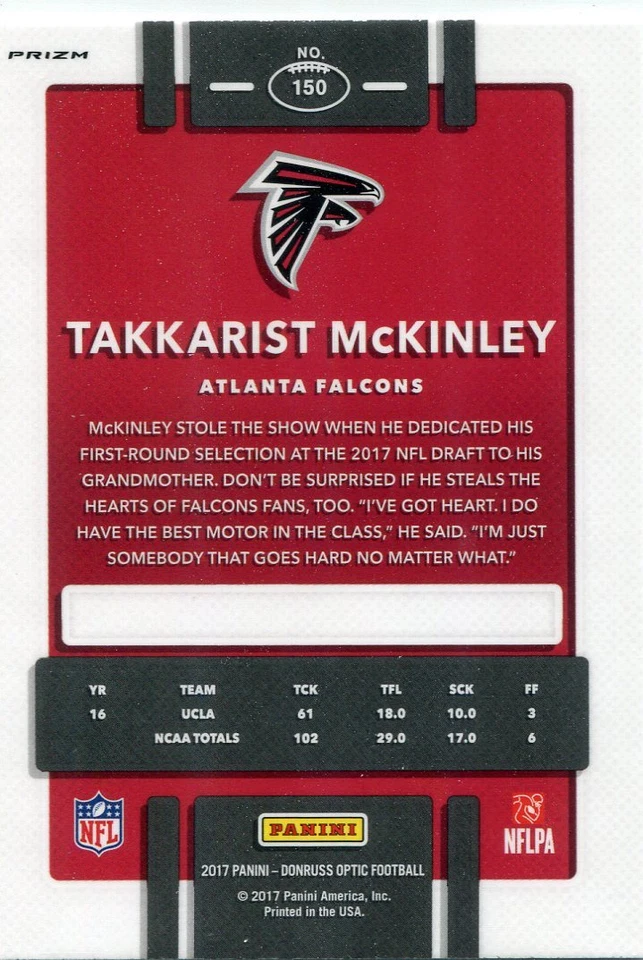 2017 OPTIC PRIZMS PINK RC TAKKARIST MCKINLEY ATLANTA FALCONS PRIZM ROOKIE - D397 - Image 2 of 2