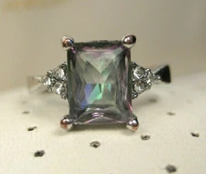 Vintage Stunning Huge Faux Rainbow Solitaire with Accents Topaz Ring Size 8