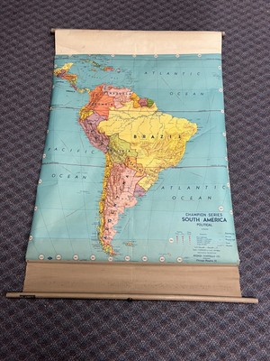 Vintage Pull Down Map SOUTH AMERICA school classroom wall art roll up 60s Weber