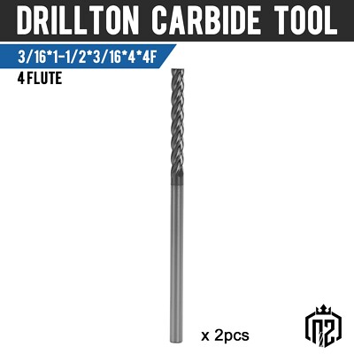 2PCS 4 Flute 3/16'' x 1-1/2'' x 4'' Solid Carbide End Mills AlTiN Coated CNC Bit