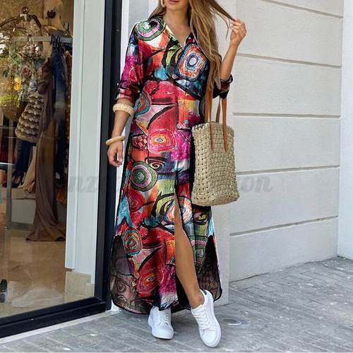 Damen Freizeit Kragen Langarm Shirt Kleid Blumen Knöpfe Lose Midikleid - Bild 40 von 46