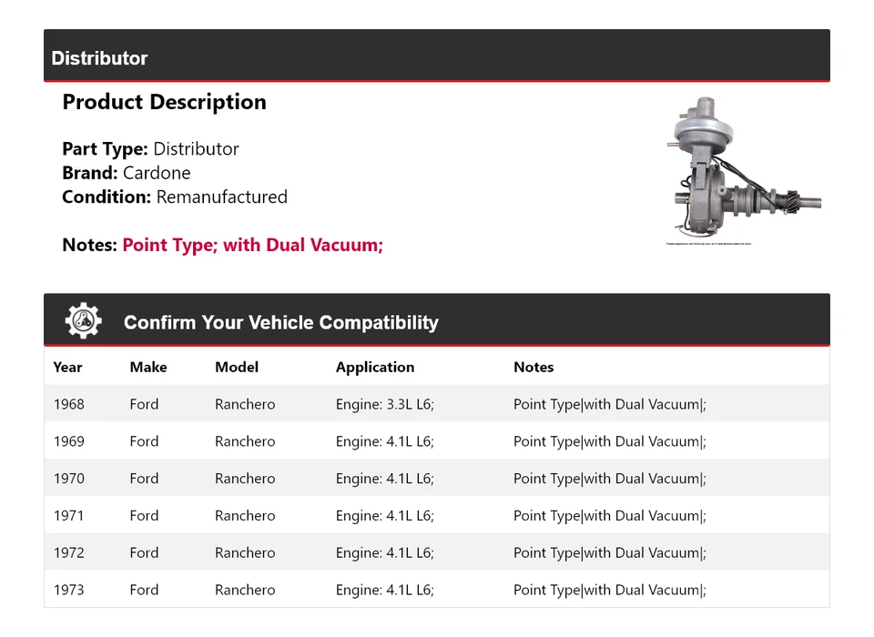 Ford Ranchero 1968-1973 Distribuidor Cardone 1969 1970 1971 1972 Foto 2 de 4