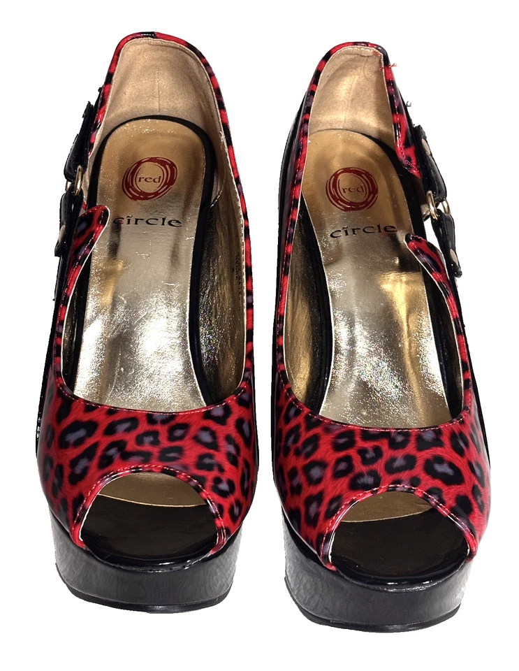 WOMENS RED CIRCLE SHOES - 8 - RED & BLACK LEOPARD PRINT  - HEELS/PLATFORM - NEW - Image 2 of 4