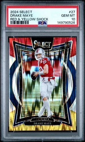 2024 Panini Select Drake Maye RED & YELLOW SHOCK Prizm Rookie RC #27 PSA 10 GEM