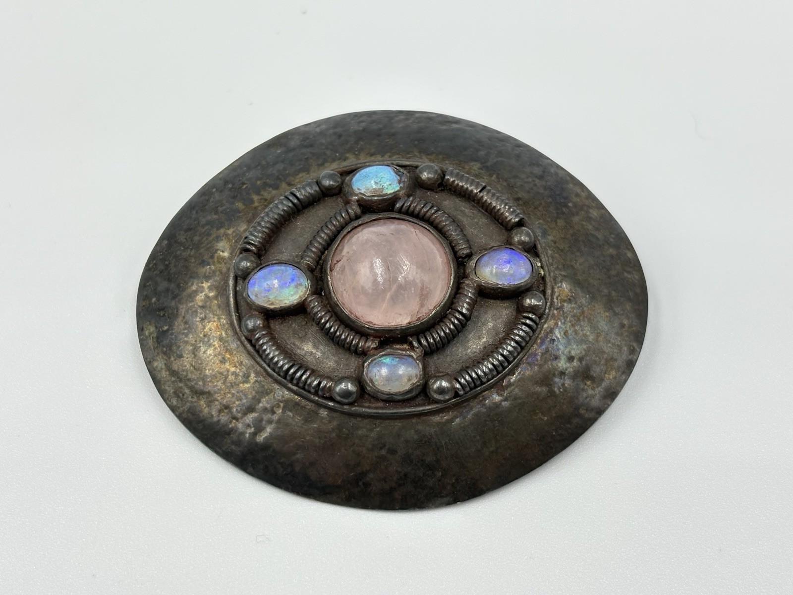 Antique Arts & Crafts Hammered Sterling Silver Rose Quartz Opal Pin Brooch