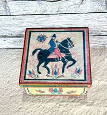 Vintage Hand Painted Wooden Trinket Jewelry Box &bull; Black Horse Rider &bull; Floral Lid