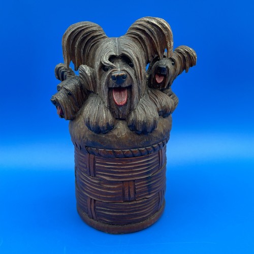 ANRI ITALY WOOD CARVING OF 3 SKYE TERRIER DOGS IN BASKET CIGARETTE BOX 1920s