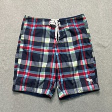 Abercrombie  Fitch Board Shorts Mens Medium Plaid Red Blue 9" Swimwear Beach